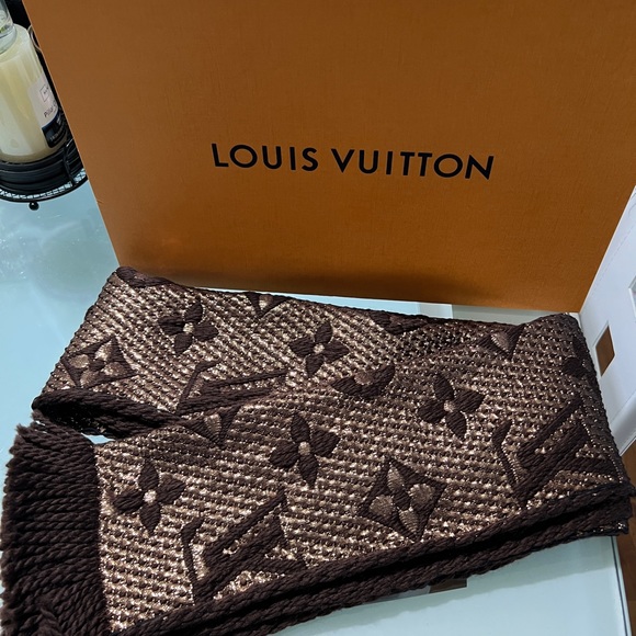 Authentic LOUIS VUITTON LV Winter Muffler Logo Mania Monogram Wool Silk Brown - Picture 7 of 9